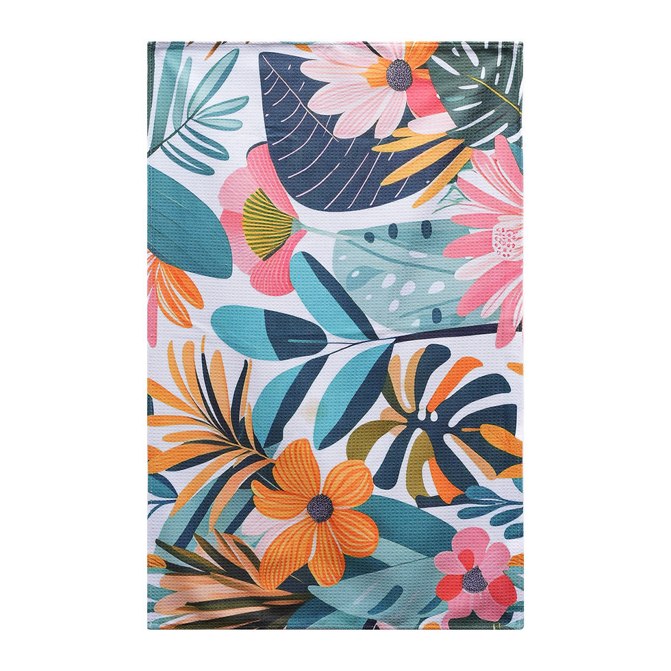 Island Bloom Hawaiian kitchen tea towel with colorful tropical floral and leaf print.