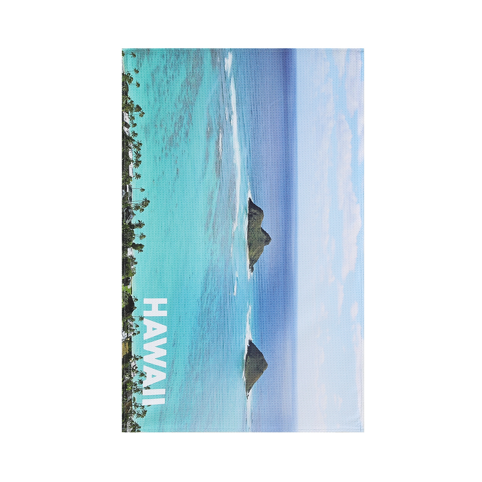 Lanikai Sky kitchen tea towel in waffle weave microfiber with ocean and island print.