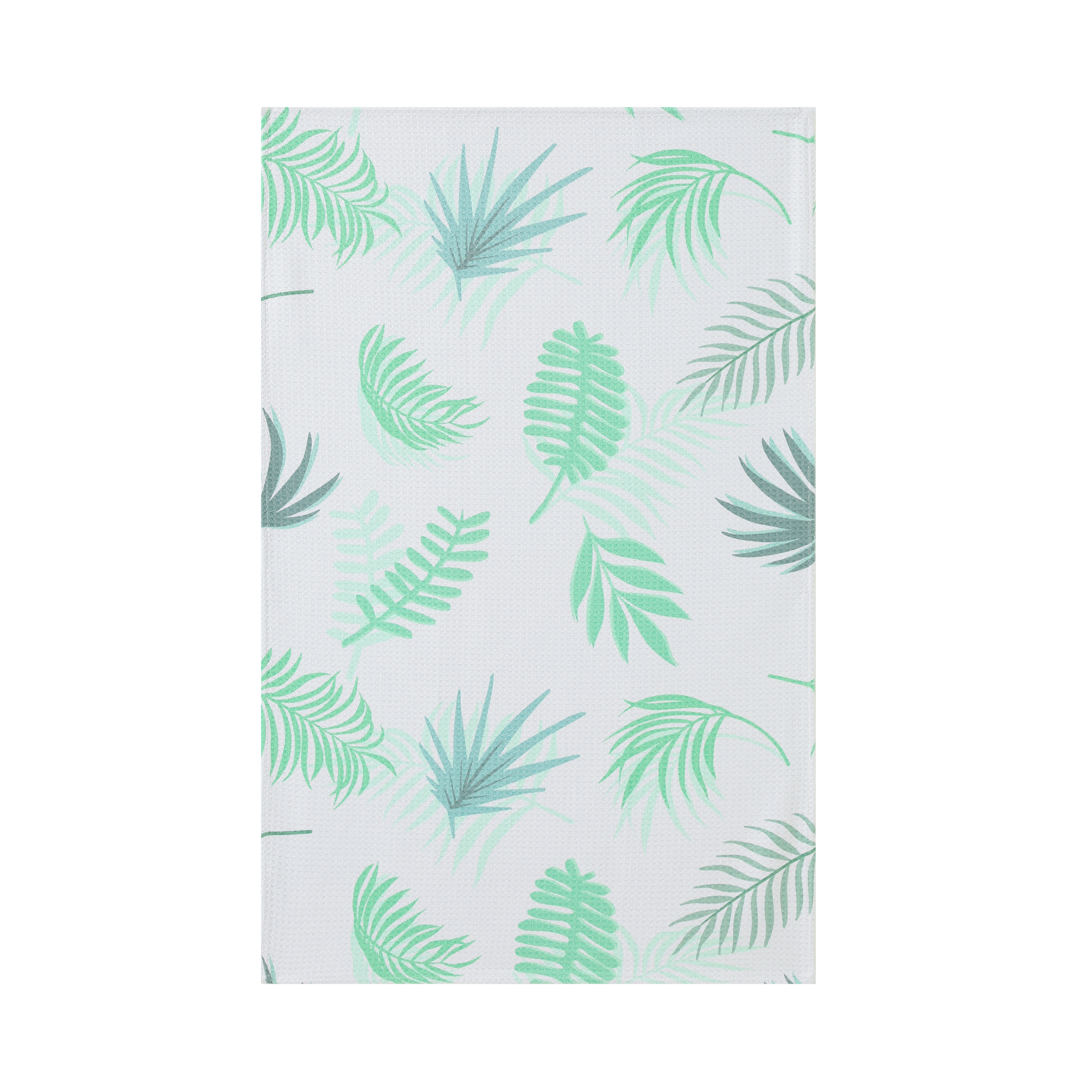 Mint Green kitchen tea towel in waffle weave microfiber with mint tropical leaf print.