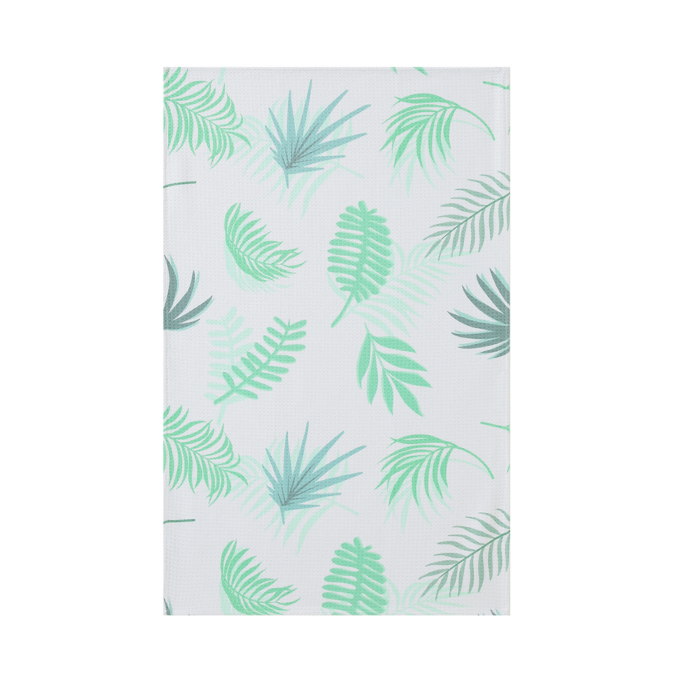 Mint Green kitchen tea towel in waffle weave microfiber with mint tropical leaf print.