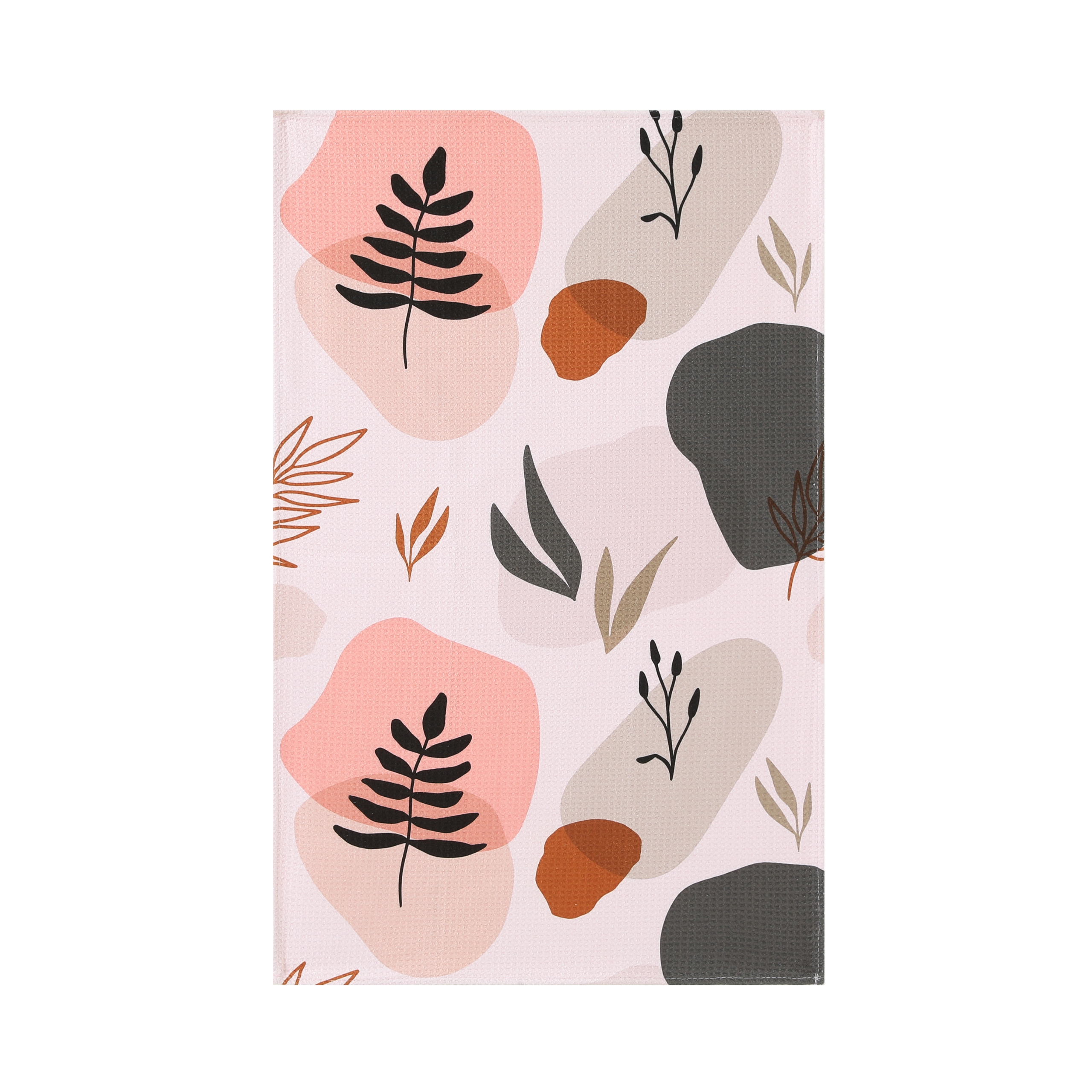 The Scent of Autumn kitchen tea towel in waffle weave microfiber with abstract botanical print in blush, navy, and brown tone