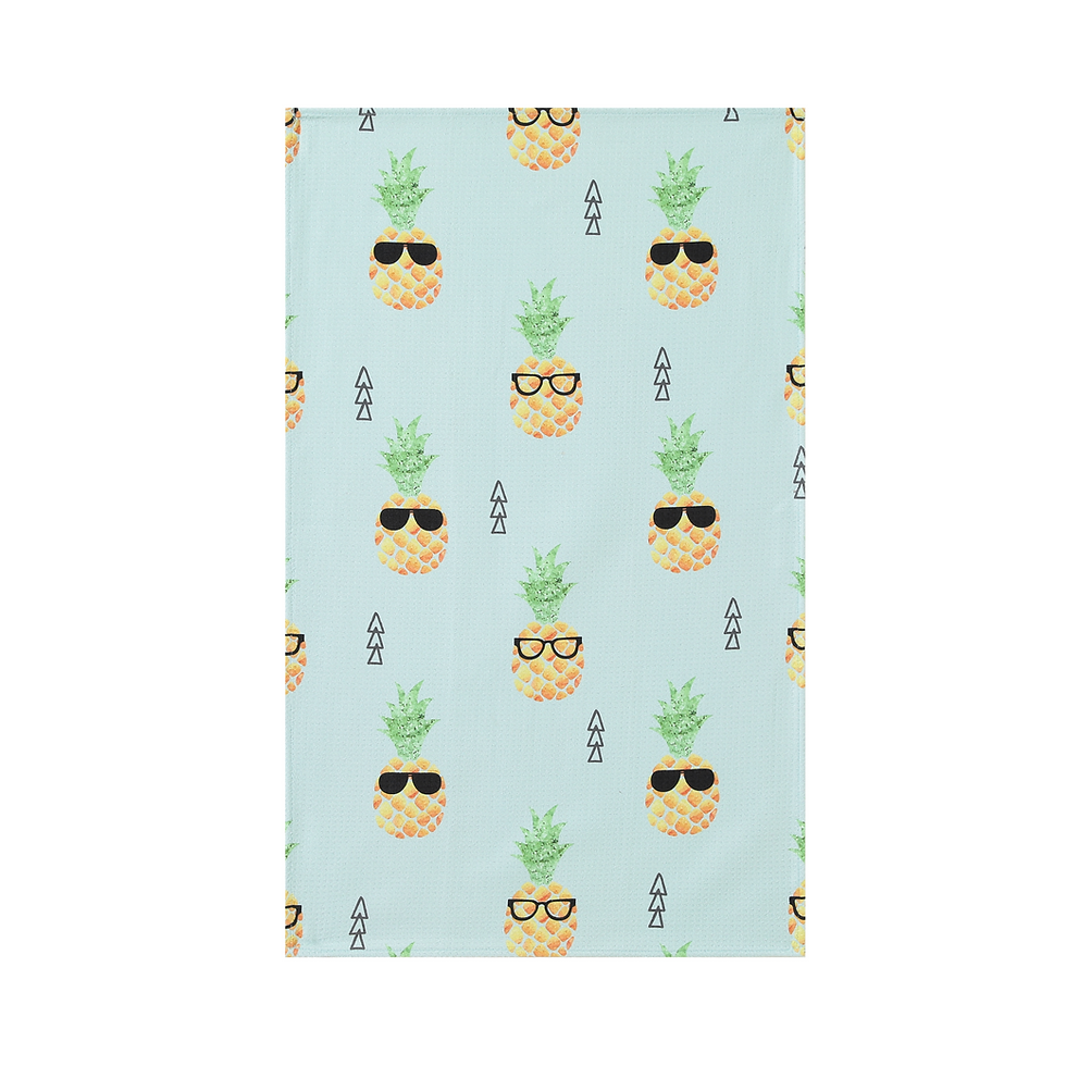 Sunglasses Pineapple kitchen tea towel in waffle weave microfiber with pineapple and sunglasses print.