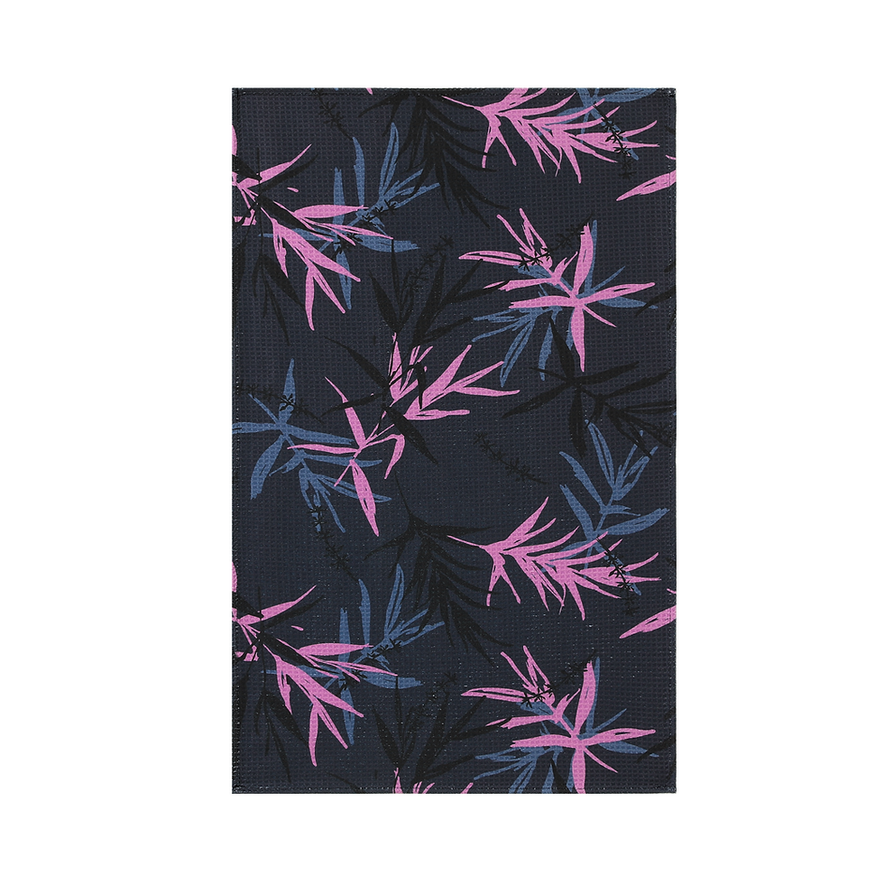 Taste of Love kitchen tea towel in waffle weave microfiber with dark botanical print in purple tones.