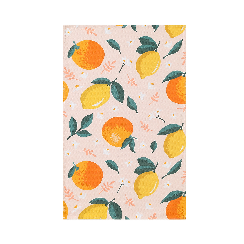 Lemon & Orange kitchen tea towel in waffle weave microfiber with citrus fruit and leaf print.
