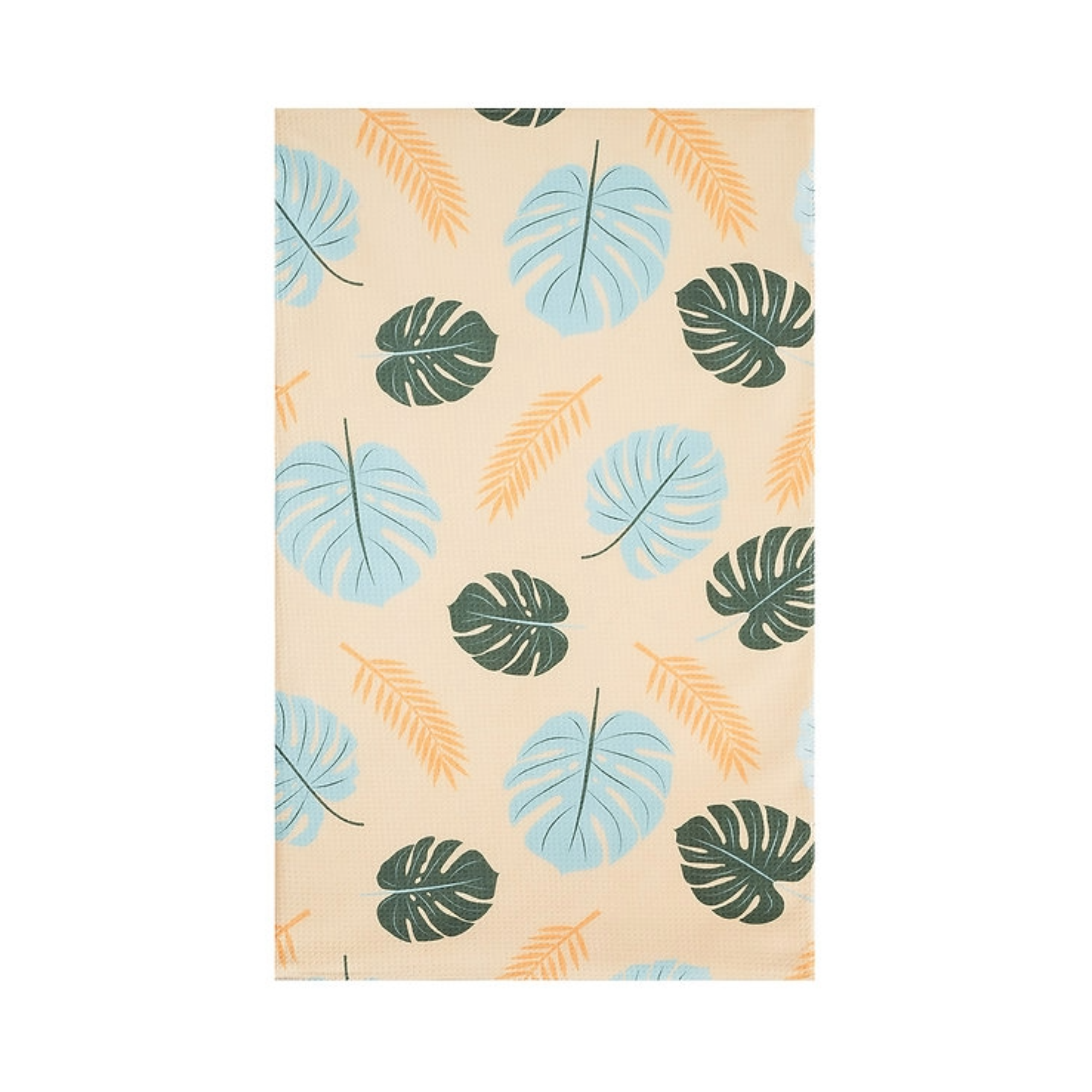 Mele kitchen tea towel in waffle weave microfiber with blue leaf print on a soft yellow background.