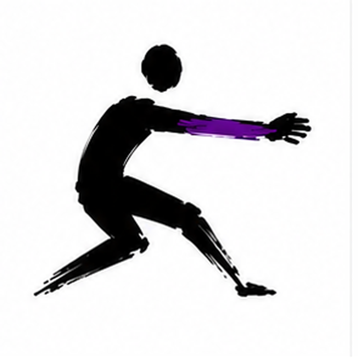Hand-drawn sketch of a lunging figure with arm raised diagonally upward, black with purple highlight