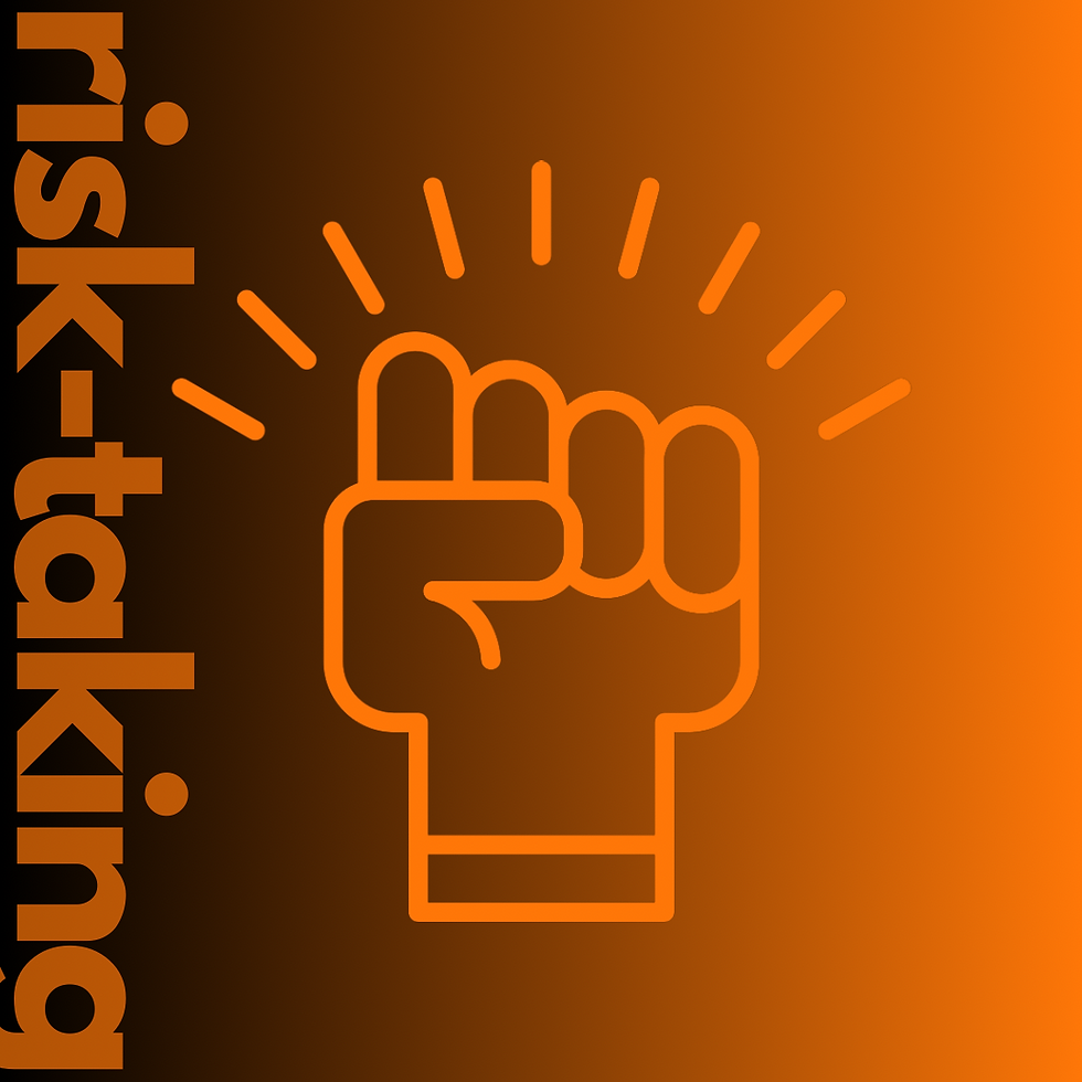 Icon of a raised fist with radiating lines on an orange gradient background, symbolizing empowerment or solidarity. The word 'Risk-taking' is vertically aligned on the left side.