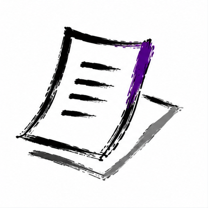Hand-drawn sketch of a script or document page, black with purple highlight