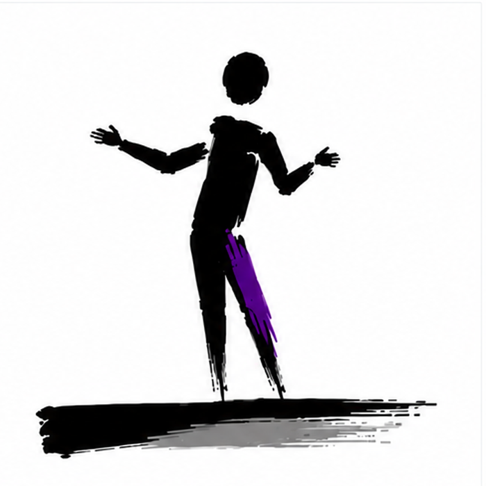 Hand-drawn silhouette sketch of a standing figure with arms outstretched, black with purple highlight