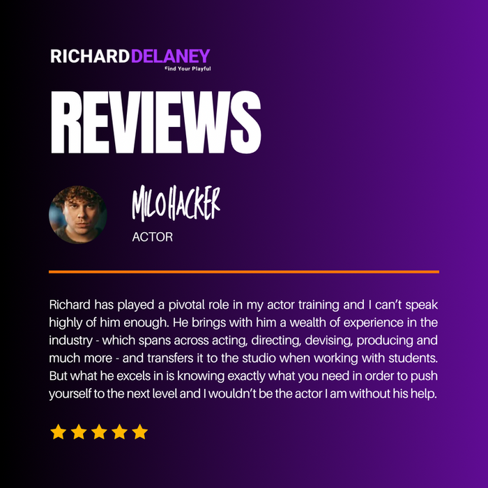Review card for Richard Delaney with Milo Hacker's photo and 5-star rating. Text emphasizes Richard's industry experience and ability to push actors to the next level.