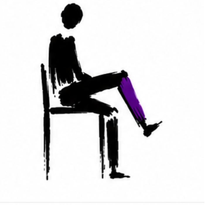 Hand-drawn sketch of a seated figure on a chair with one leg raised, black with purple highlight