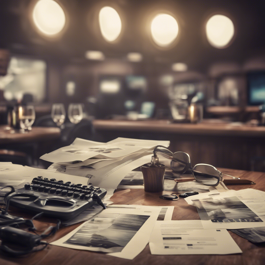 In focus view of a desk with a pair of glasses and random papers scattered on the desk