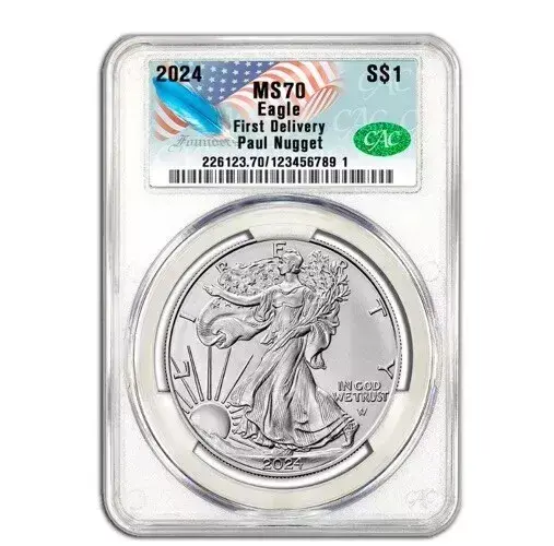 2024 Silver Eagle MS70 CAC Founder PAUL NUGGET Sign Label 1oz Silver