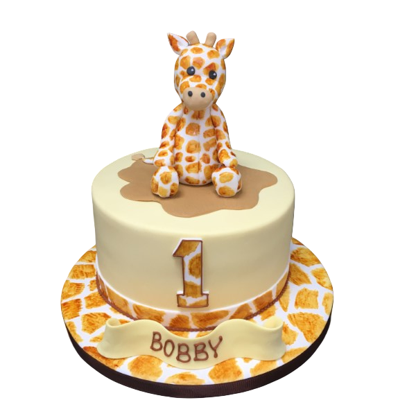 A whimsical giraffe-themed cake with a playful design, perfect for animal lovers and special celebrations.