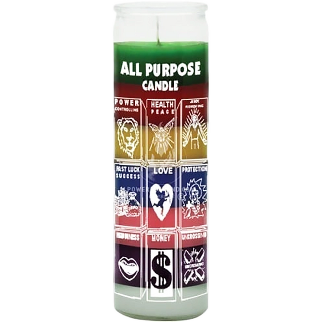 Green All Purpose Candle with nine squares depicting power, health, luck, love, protection, money, and more