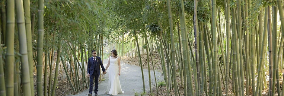 Couple standing in front of bamboo at Brothers Ranch in Watsonville