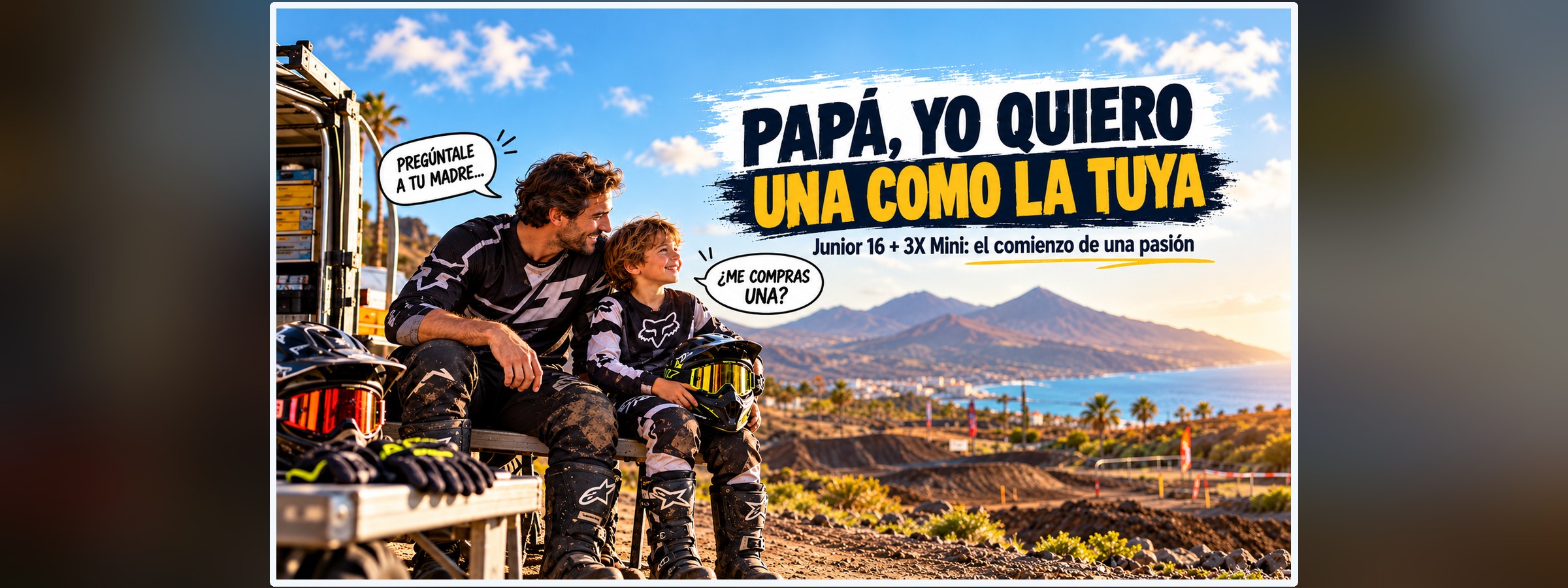 Papá, yo quiero una como la tuya: imagen horizontal completa de padre e hijo moteros en Tenerife, para portada del blog de Talaria Canarias