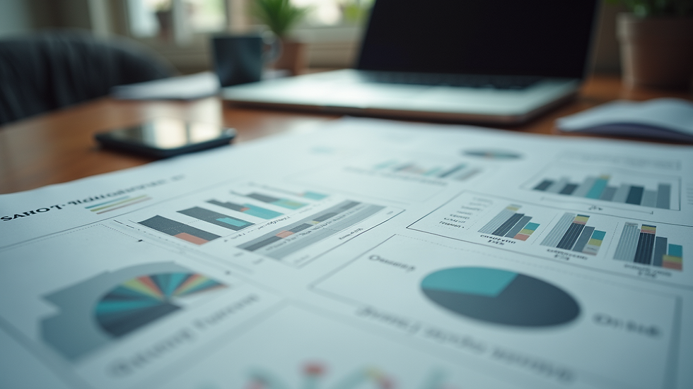 Plano detalle de una computadora portátil con gráficos y notas de planificación