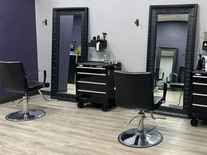 View of the cozy styling stations at Jade Fox