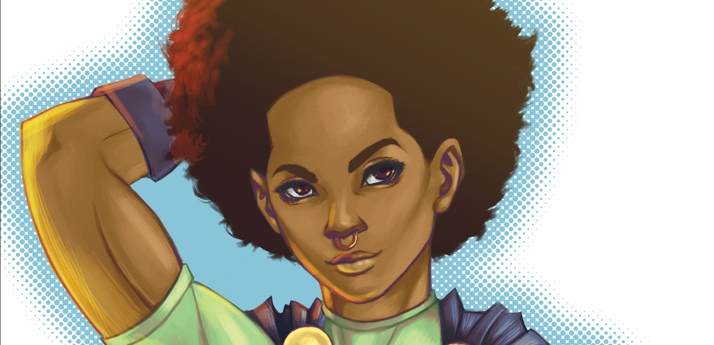 Beautiful Black Woman with Afro, emerald heart crest, and a cape.