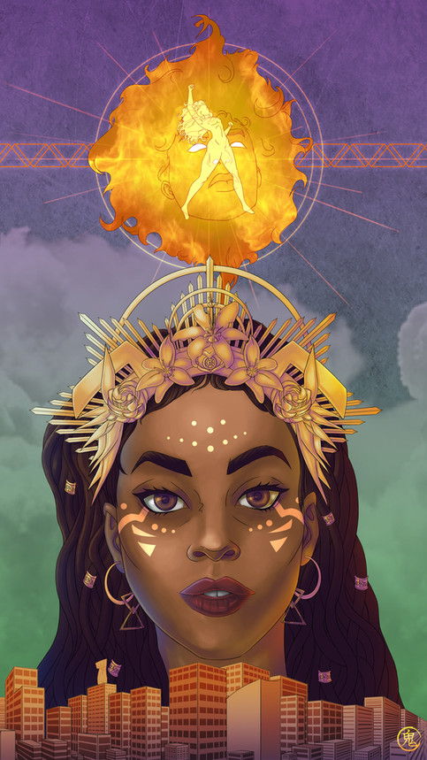 Image of beautiful African goddess Camara, with a glorified sun image and cityscape background.