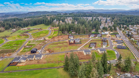 Wide aerial view of Serres Farm townhomes community by Forest Ridge Homes
