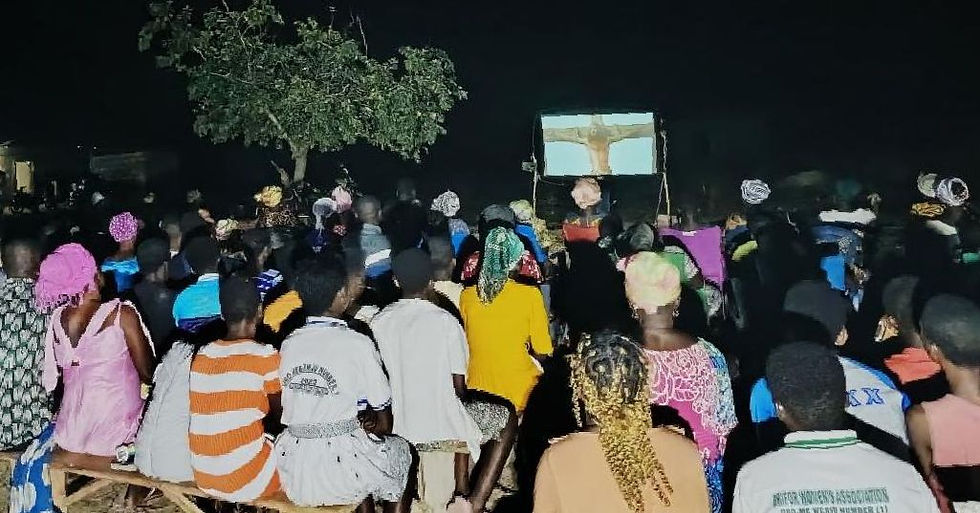 Many gather to see the Jesus Film—many receiving the gospel presentation for the first time.
