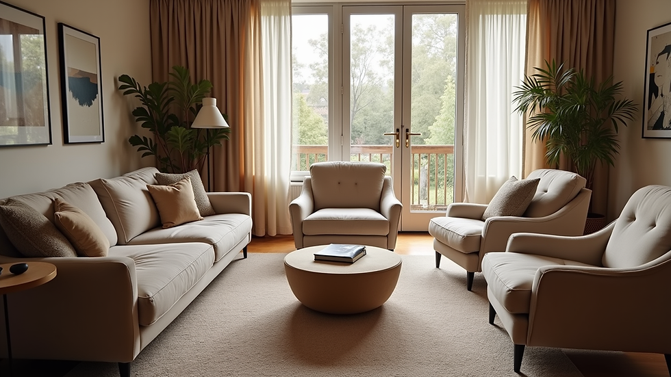 Eye-level view of a cozy living room with comfortable chairs arranged for group support