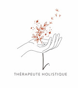 Logo Linabloom, une main ouverte paume vers le ciel, une pousse, des graines qui s'envolent et un L et thérapeute holistique