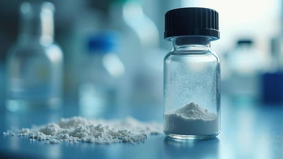 Close-up view of a laboratory vial containing peptide powder