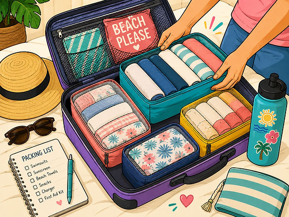 Organized suitcase with packing cubes and travel list.