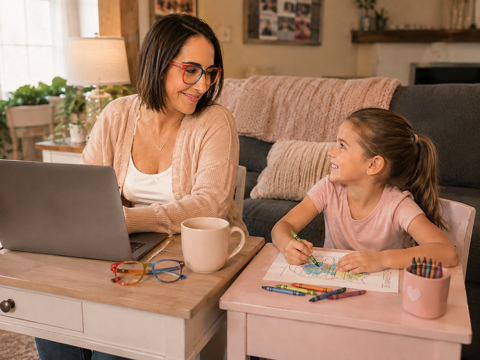 Mom and daughter working side by side at matching desks, laptop and coloring page