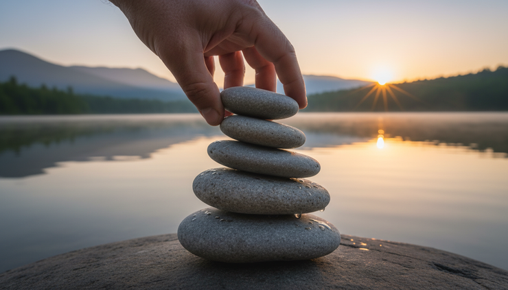 Close-up view of a hand placing a small stone on a stack beside a quiet lake
