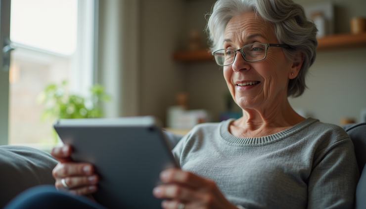 Vista frontal de uma mulher de 55 anos usando um tablet em casa