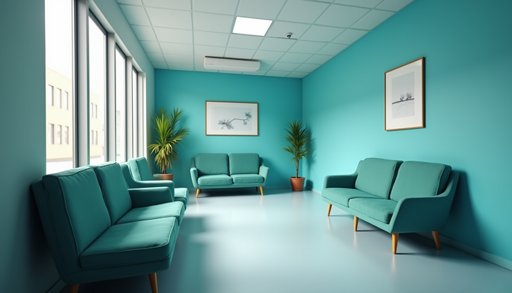 Vista lateral de sala de espera de clínica com decoração em tons de azul e verde