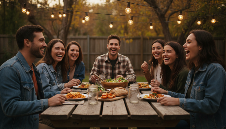 Eye-level view of several friends sharing a simple meal outdoors under warm evening lights.