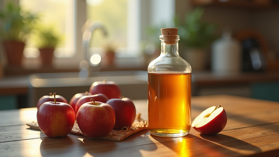 Close-up view of a bottle of apple cider vinegar on a wooden table