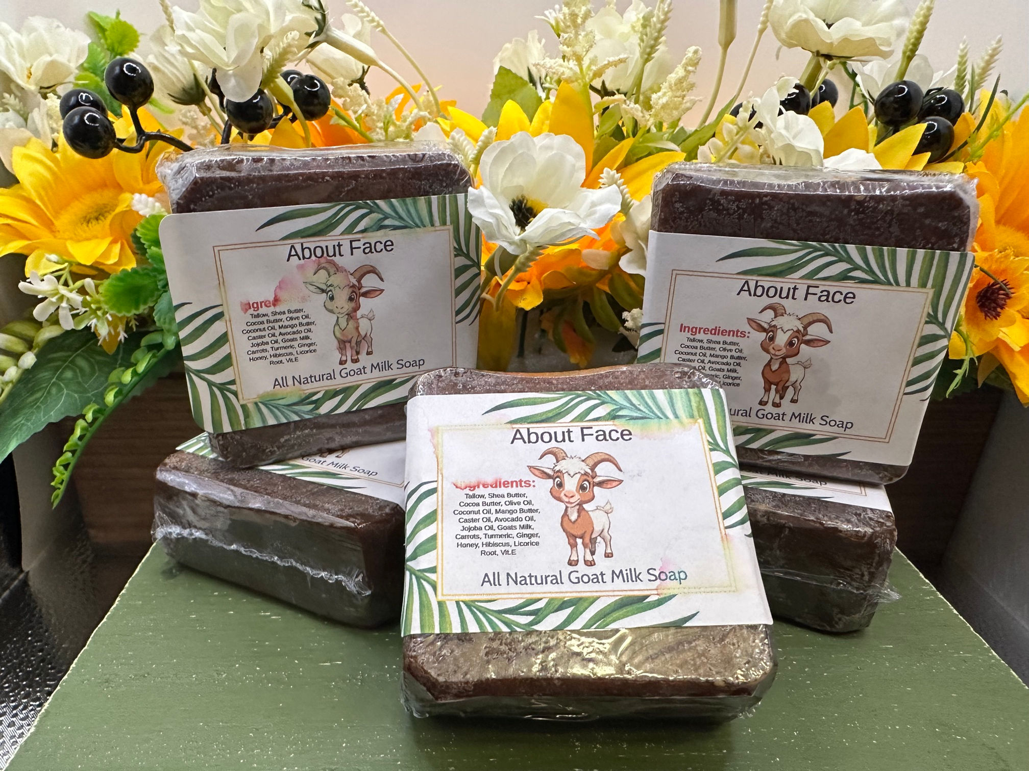 Five bars of face soap comes with this purchase. Bars are infused with turmeric, honey, licorice root, goats milk and beef tallow.
