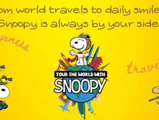 Cute Snoopy lifestyle products including apron, water bottle, seat belt cover, and diffuser.