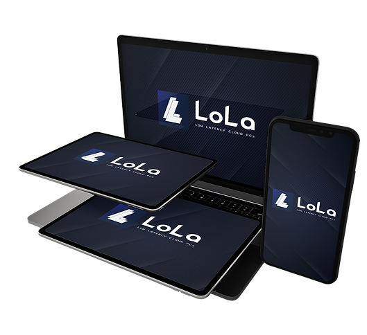 A smartphone, two tablets and macbook displaying LoLa Cloud PCs on them