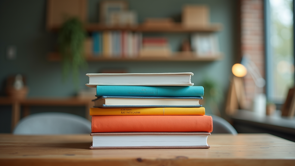 Eye-level view of a stack of colorful books on a wooden table