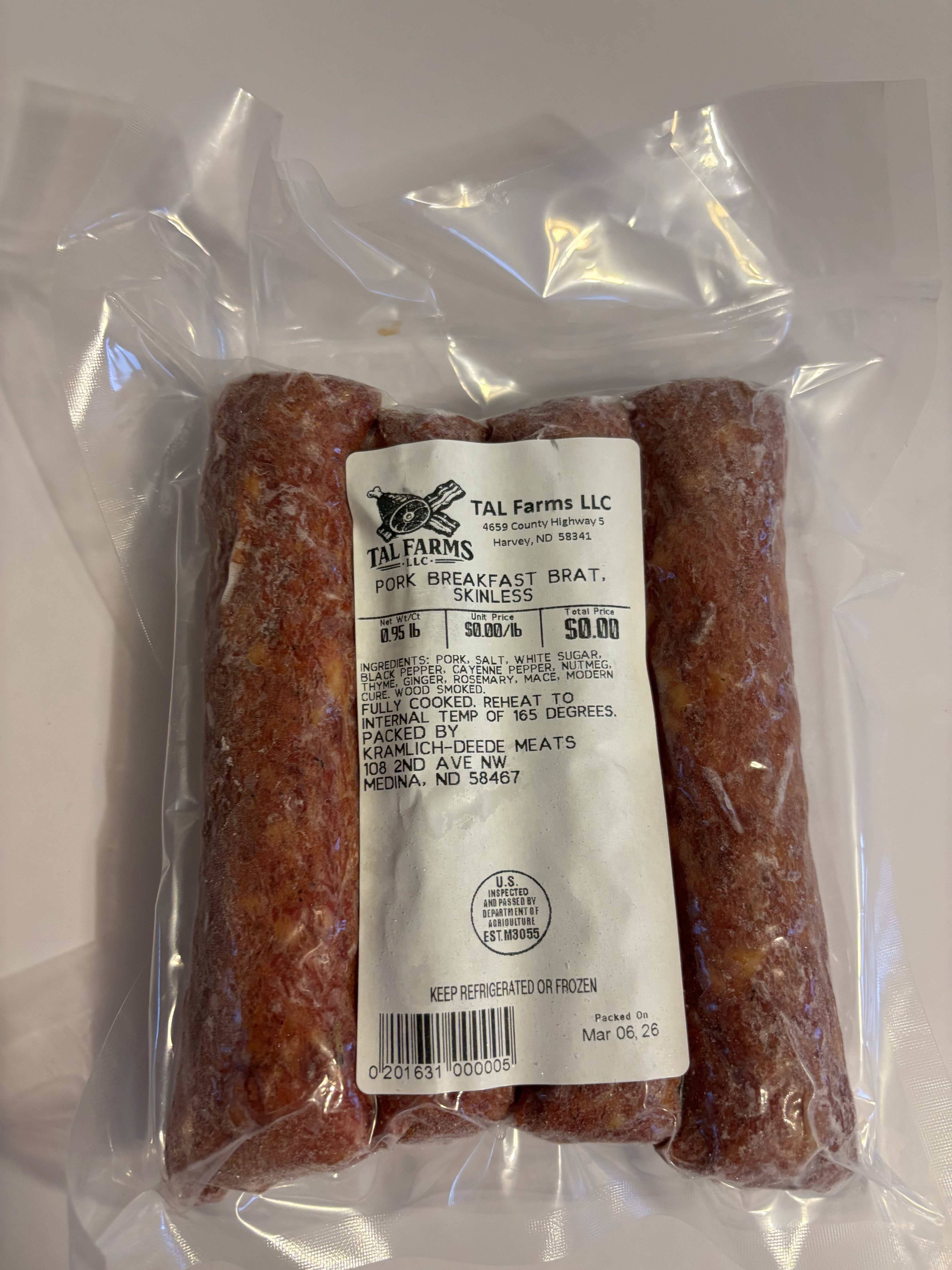 Pork Breakfast Brat, Skinless
