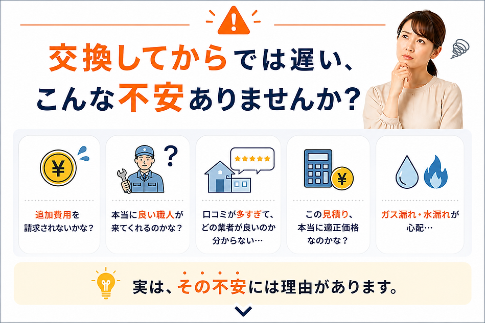 給湯器交換でよくある不安をご紹介。追加費用、工事品質、口コミ、適正価格、ガス漏れ・水漏れなど、業者選びで後悔しないためのポイントを解説。吹田市を拠点に大阪・北摂エリアで対応するガスマイスター。