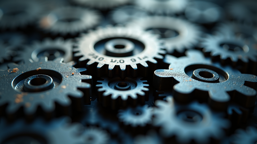 Close-up view of gears intermeshing, representing the collaboration between technology and human creativity