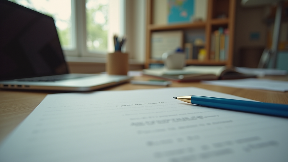Eye-level view of an office workspace filled with stationery and books