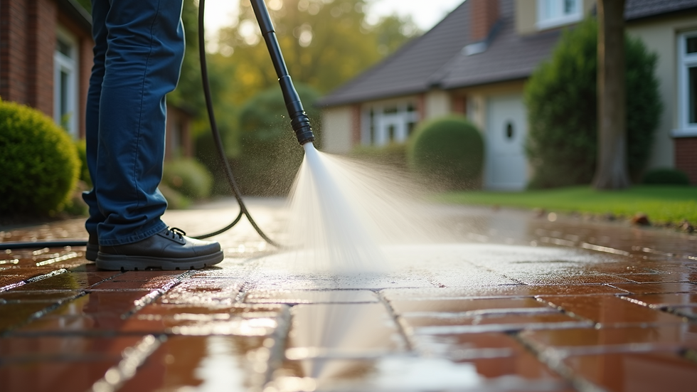 Eye-level view of a pressure washer cleaning a brick driveway