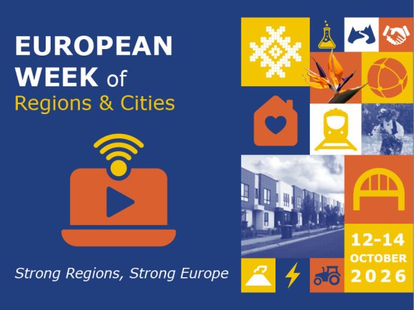 Immagine ufficiale della Settimana europea delle regioni e delle città 2026, dal 12 al 14 ottobre, con richiamo alle sessioni online.