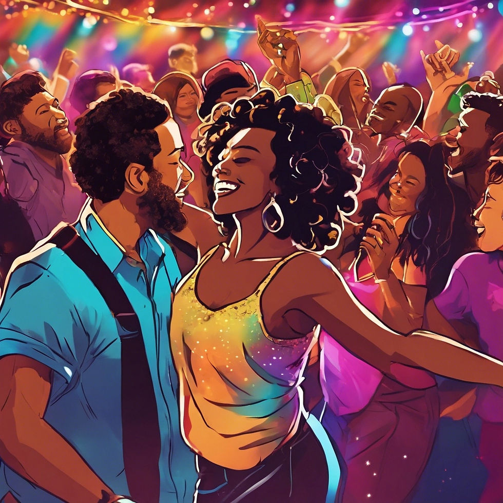 Guests from diverse backgrounds dancing energetically under colorful lights at a multicultural celebration, with a DJ booth in the background.