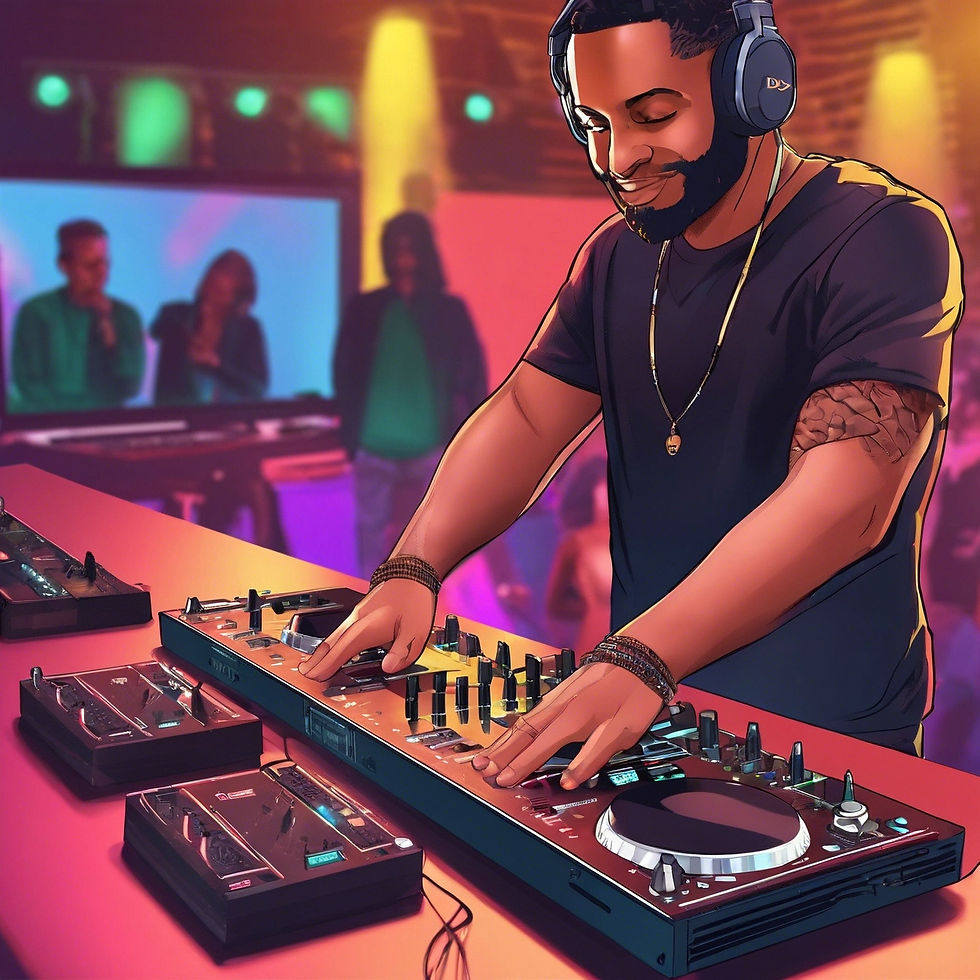 A professional DJ mixing music on a digital controller, with a lively crowd enjoying seamless transitions between diverse music genres.