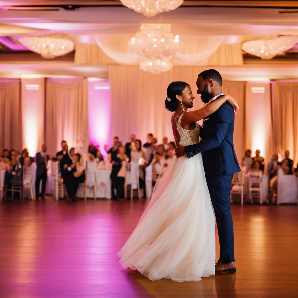 A romantic first dance at a multicultural wedding, featuring a couple under soft lighting with bilingual song lyrics displayed in the background.